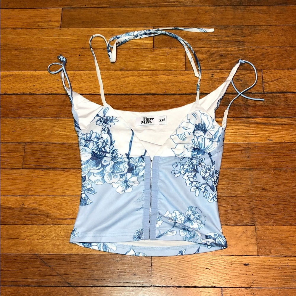 Tiger Mist Cambell Mesh Corset Crop Top in Ceramic Floral Blue, US size 0 - Picture 2 of 14